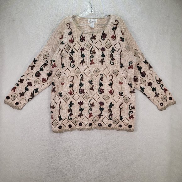 Casual Ellements Sweaters - Casual Ellements Vintage Beige 3D Floral Open Knit Scoop Neck Oversized Sweater